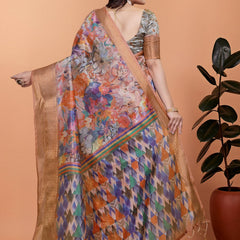 Elegant Printed Silk Saree with Golden Border | Floral & Geometric Design for Weddings & Festive Occasions