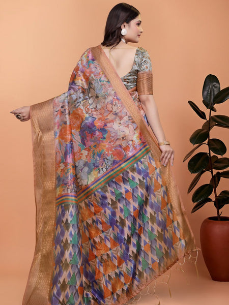 Elegant Printed Silk Saree with Golden Border | Floral & Geometric Design for Weddings & Festive Occasions