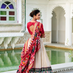 Glamgait Cream Patola Lehenga Choli with Red Banarasi Dupatta