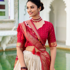 Glamgait Cream Patola Lehenga Choli with Red Banarasi Dupatta