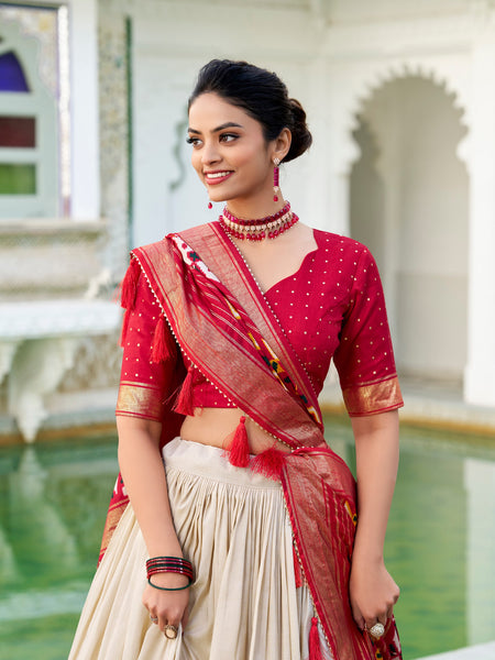 Glamgait Cream Patola Lehenga Choli with Red Banarasi Dupatta