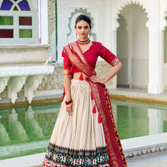 Glamgait Cream Patola Lehenga Choli with Red Banarasi Dupatta
