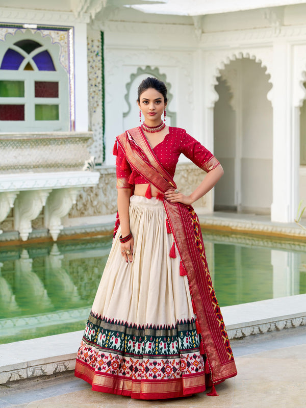 Glamgait Cream Patola Lehenga Choli with Red Banarasi Dupatta