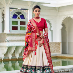 Glamgait Cream Patola Lehenga Choli with Red Banarasi Dupatta