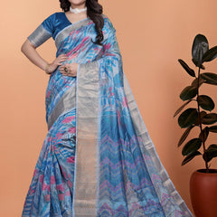 Elegant Blue Printed Silk Saree with Silver Border | Floral & Geometric Design for Weddings & Festive Occasions