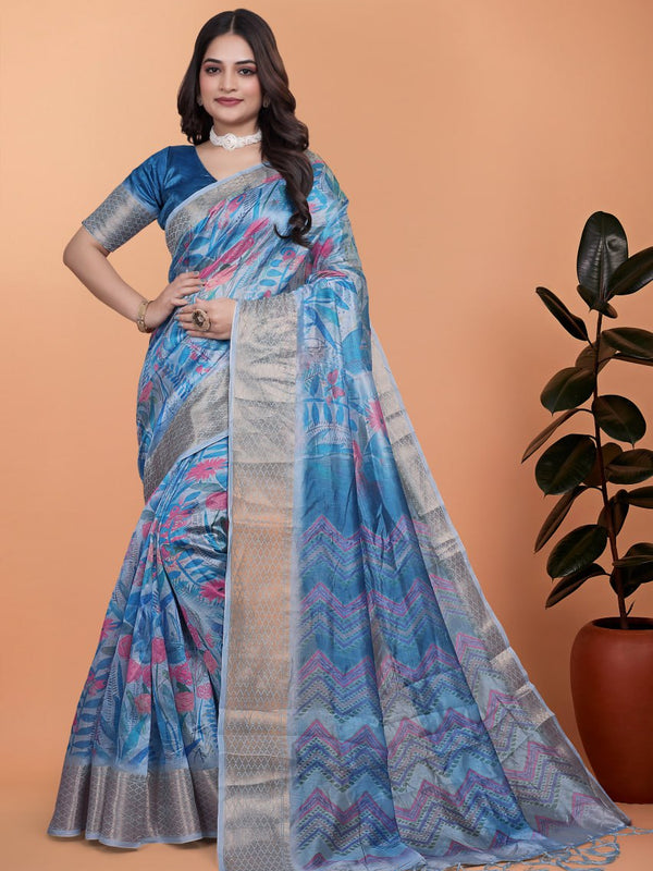 Elegant Blue Printed Silk Saree with Silver Border | Floral & Geometric Design for Weddings & Festive Occasions