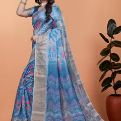 Elegant Blue Printed Silk Saree with Silver Border | Floral & Geometric Design for Weddings & Festive Occasions