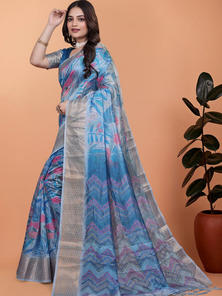 Elegant Blue Printed Silk Saree with Silver Border | Floral & Geometric Design for Weddings & Festive Occasions