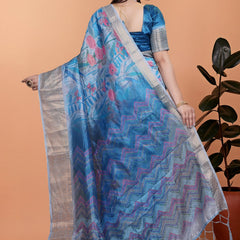 Elegant Blue Printed Silk Saree with Silver Border | Floral & Geometric Design for Weddings & Festive Occasions