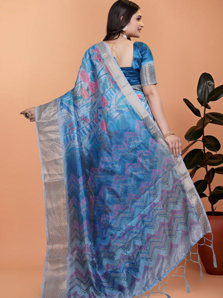 Elegant Blue Printed Silk Saree with Silver Border | Floral & Geometric Design for Weddings & Festive Occasions