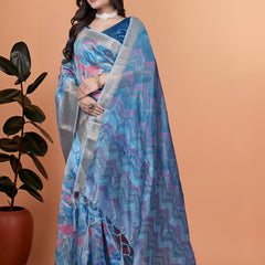 Elegant Blue Printed Silk Saree with Silver Border | Floral & Geometric Design for Weddings & Festive Occasions