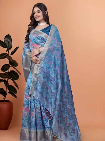 Elegant Blue Printed Silk Saree with Silver Border | Floral & Geometric Design for Weddings & Festive Occasions