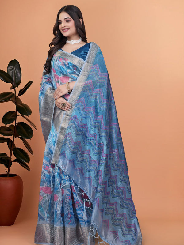 Elegant Blue Printed Silk Saree with Silver Border | Floral & Geometric Design for Weddings & Festive Occasions