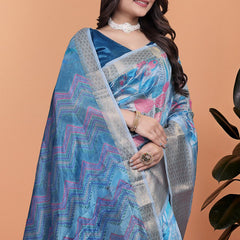Elegant Blue Printed Silk Saree with Silver Border | Floral & Geometric Design for Weddings & Festive Occasions