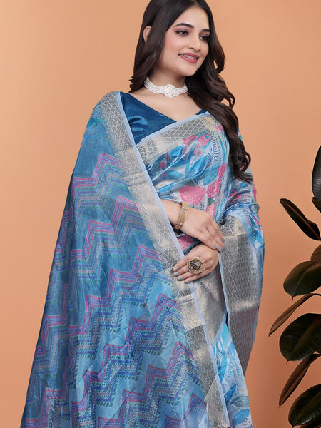 Elegant Blue Printed Silk Saree with Silver Border | Floral & Geometric Design for Weddings & Festive Occasions