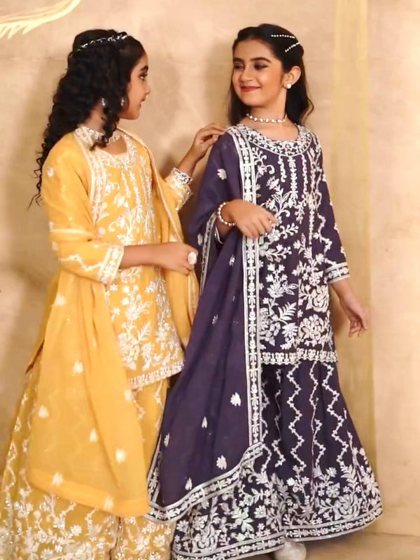 Girls Embroidered Sharara Suit Set with Kurti and Dupatta
