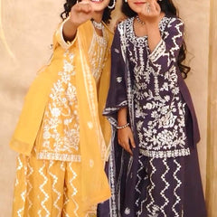 Girls Embroidered Sharara Suit Set with Kurti and Dupatta