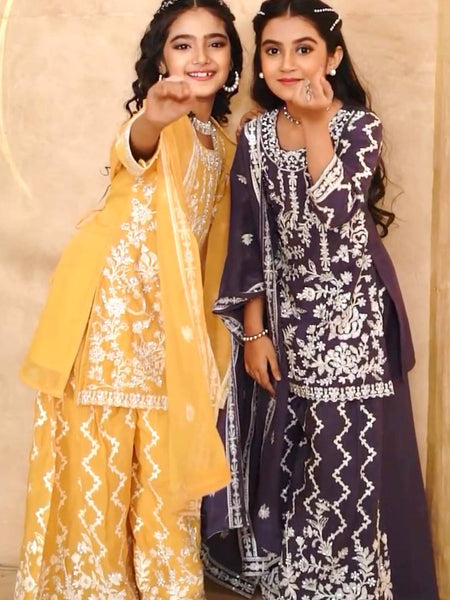 Girls Embroidered Sharara Suit Set with Kurti and Dupatta