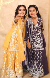 Girls Embroidered Sharara Suit Set with Kurti and Dupatta