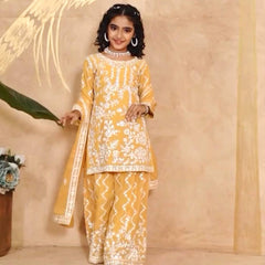 Girls Embroidered Sharara Suit Set with Kurti and Dupatta