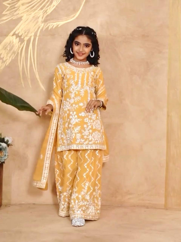 Girls Embroidered Sharara Suit Set with Kurti and Dupatta