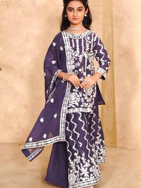 Girls Embroidered Sharara Suit Set with Kurti and Dupatta