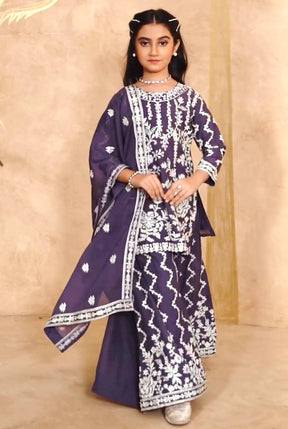 Girls Embroidered Sharara Suit Set with Kurti and Dupatta