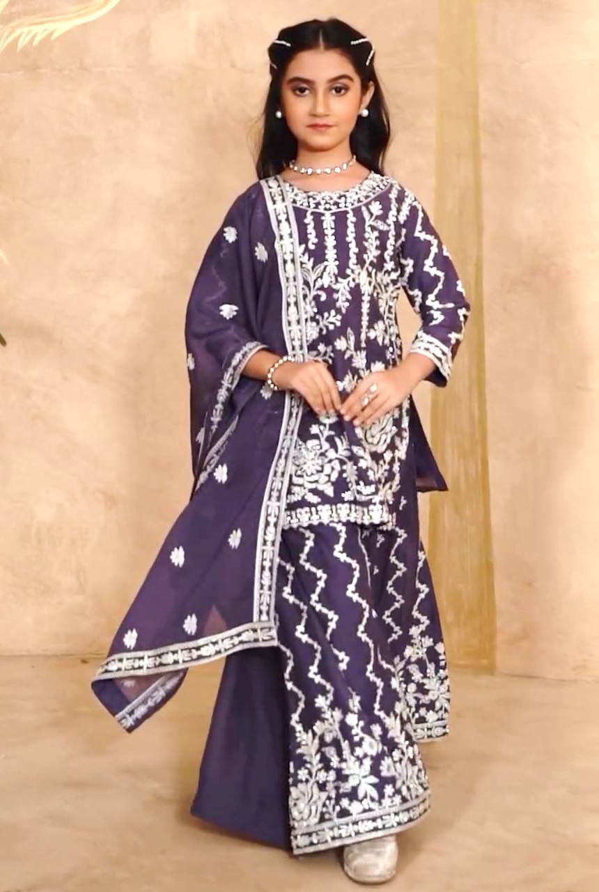 Girls Embroidered Sharara Suit Set with Kurti and Dupatta