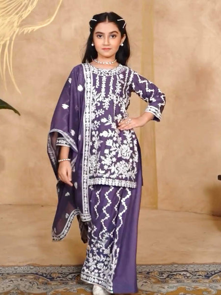Girls Embroidered Sharara Suit Set with Kurti and Dupatta
