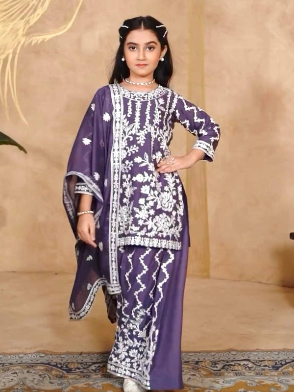 Girls Embroidered Sharara Suit Set with Kurti and Dupatta