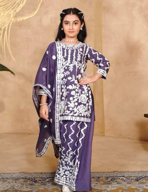 Girls Embroidered Sharara Suit Set with Kurti and Dupatta