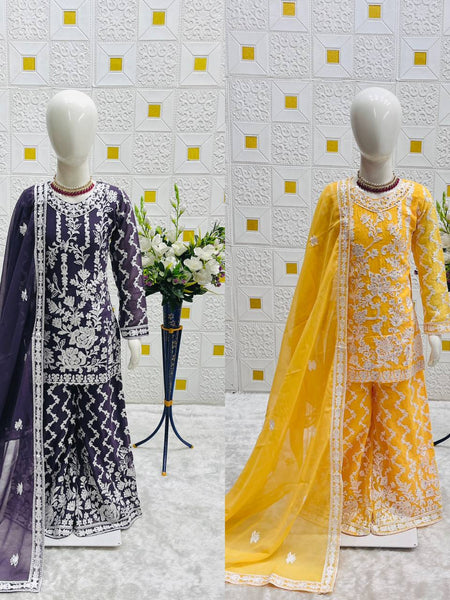 Girls Embroidered Sharara Suit Set with Kurti and Dupatta