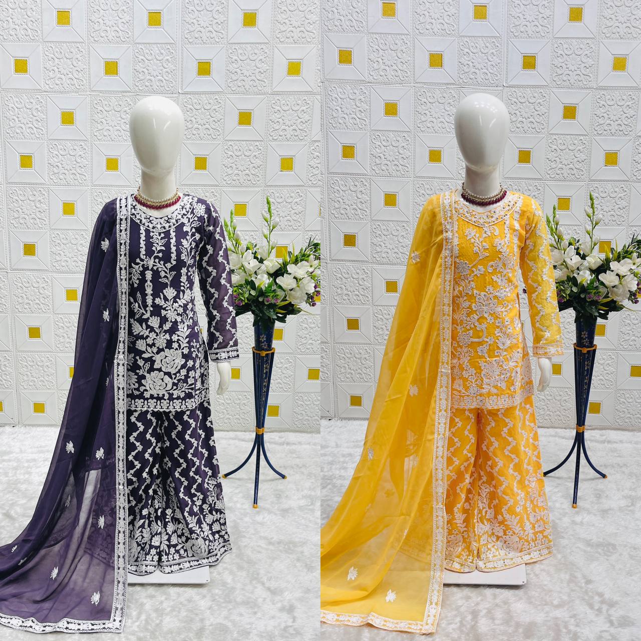 Girls Embroidered Sharara Suit Set with Kurti and Dupatta