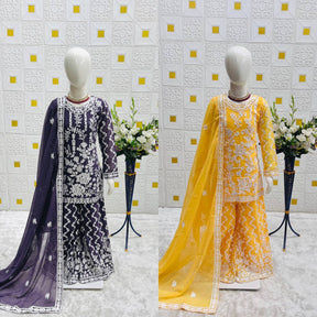 Girls Embroidered Sharara Suit Set with Kurti and Dupatta