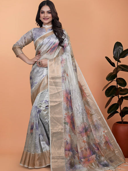 Elegant Beige Soft Silk Saree with Multicolor Floral Print & Golden Zari Border