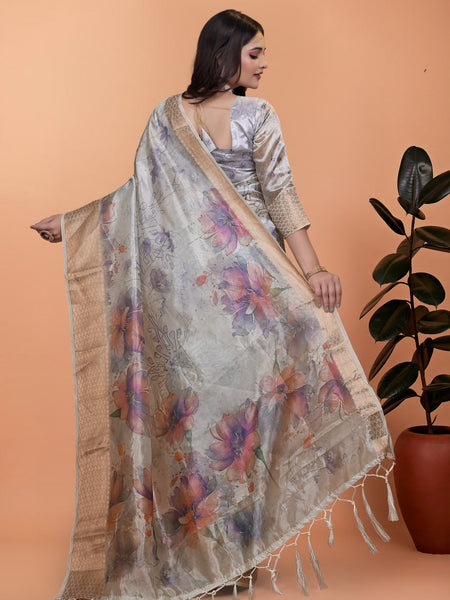 Elegant Beige Soft Silk Saree with Multicolor Floral Print & Golden Zari Border