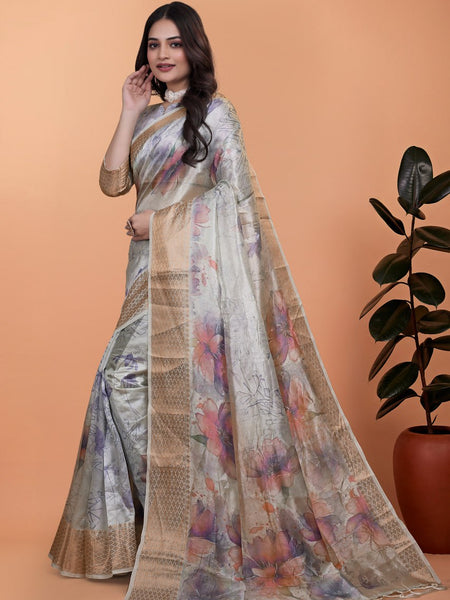 Elegant Beige Soft Silk Saree with Multicolor Floral Print & Golden Zari Border