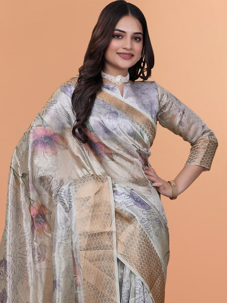 Elegant Beige Soft Silk Saree with Multicolor Floral Print & Golden Zari Border