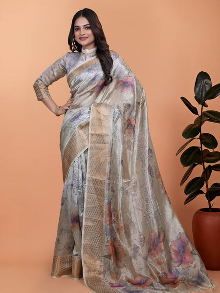 Elegant Beige Soft Silk Saree with Multicolor Floral Print & Golden Zari Border