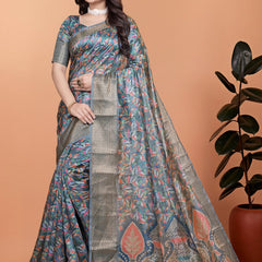 Elegant Floral Printed Silk Saree with Silver Border | Traditional Indian Saree for Weddings & Festive Occasions