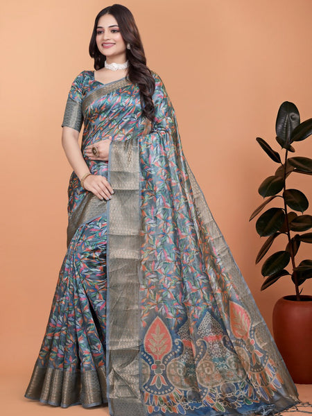 Elegant Floral Printed Silk Saree with Silver Border | Traditional Indian Saree for Weddings & Festive Occasions