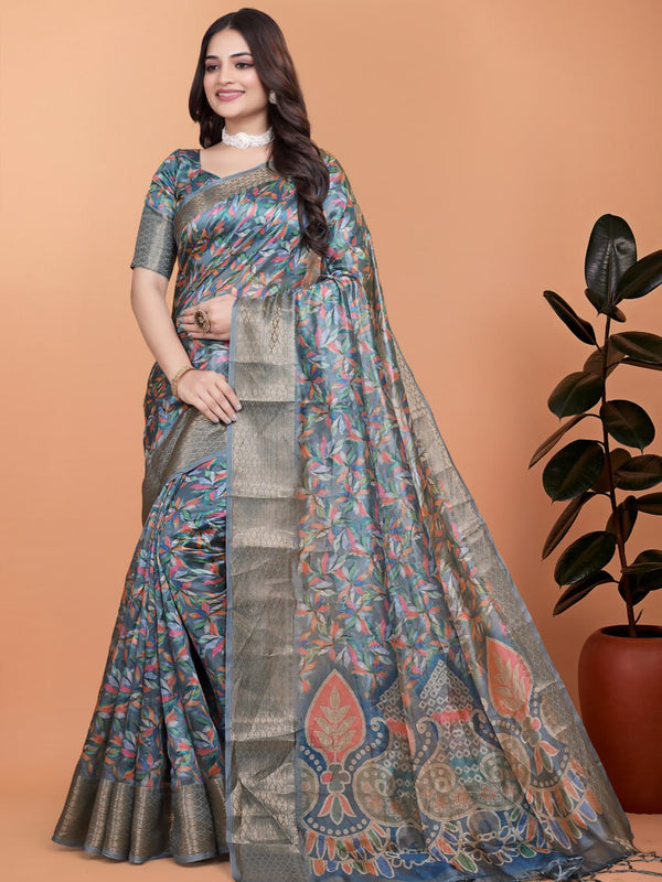 Elegant Floral Printed Silk Saree with Silver Border | Traditional Indian Saree for Weddings & Festive Occasions