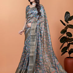 Elegant Floral Printed Silk Saree with Silver Border | Traditional Indian Saree for Weddings & Festive Occasions