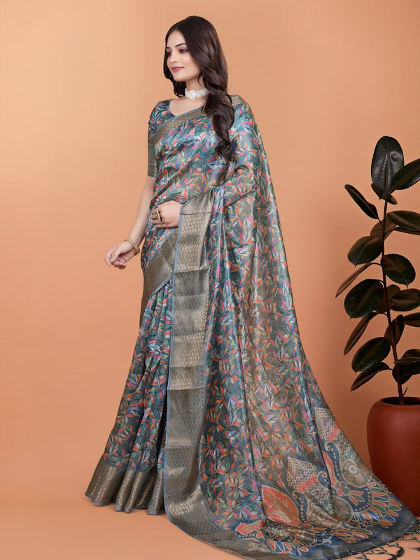 Elegant Floral Printed Silk Saree with Silver Border | Traditional Indian Saree for Weddings & Festive Occasions