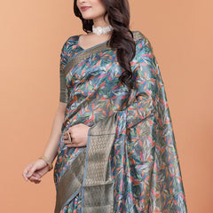 Elegant Floral Printed Silk Saree with Silver Border | Traditional Indian Saree for Weddings & Festive Occasions