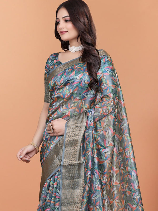 Elegant Floral Printed Silk Saree with Silver Border | Traditional Indian Saree for Weddings & Festive Occasions