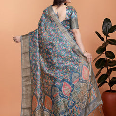 Elegant Floral Printed Silk Saree with Silver Border | Traditional Indian Saree for Weddings & Festive Occasions