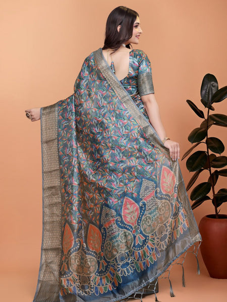 Elegant Floral Printed Silk Saree with Silver Border | Traditional Indian Saree for Weddings & Festive Occasions