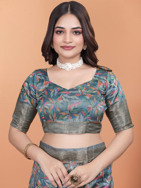 Elegant Floral Printed Silk Saree with Silver Border | Traditional Indian Saree for Weddings & Festive Occasions