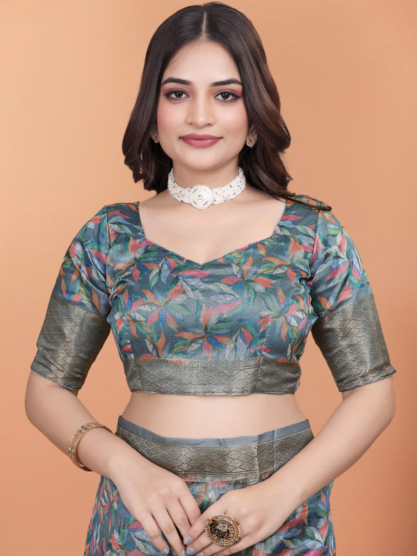 Elegant Floral Printed Silk Saree with Silver Border | Traditional Indian Saree for Weddings & Festive Occasions